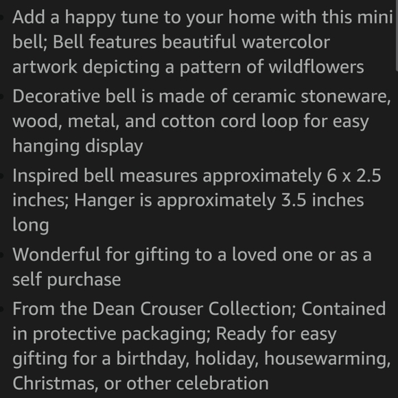 NWT DEMDACO Watercolor Wildflowers Stoneware Hanging Mini Bell Ornament - Picture 7 of 7